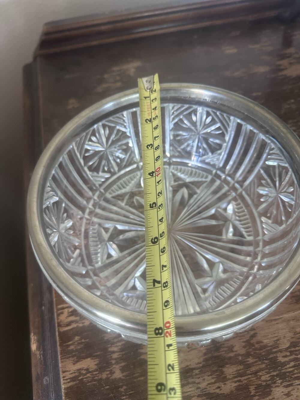 Vintage Heavy Cut Glass Bowl Silver Plated Rim Starburst Pattern 8”